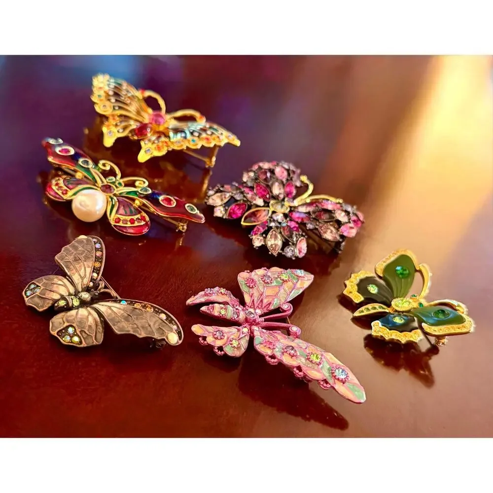 Vintage Joan Rivers Butterfly Pins • Set of 6 • Plique A Jour • Rhinestone • En
